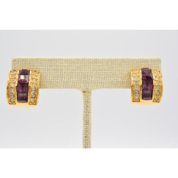 Givenchy Vintage Crystal Earrings Purple Square Rhinestone Gold Signed 80s BinQ - Picture 1 of 12